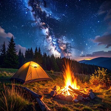 A serene nighttime campsite under a starry sky with a tent and campfire (1)