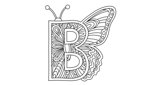 Butterfly design with letter B for coloring book pages and decorative art projects online transparent background