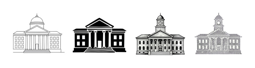 Obraz premium Various classical style buildings depicted with different artistic interpretations and graphic techniques.