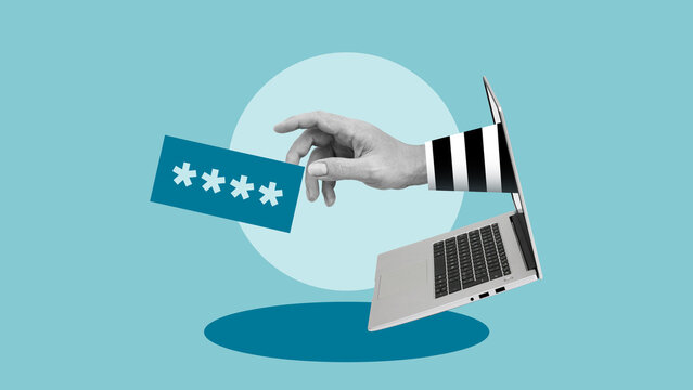 Cybersecurity concept, hacker stealing password from laptop, data breach and online fraud risk, phishing attack, identity theft and digital security threat