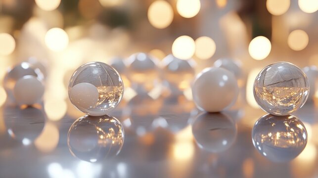 Abstract sphere reflections on a surface with bokeh lights.