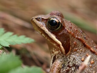 Obraz premium Extreme close up macro photograph captures the intensely detailed side profile of a brown woodland frog