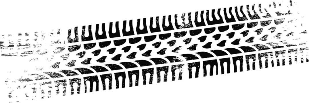 Detailed black and white illustration of a distinct heavy vehicle tire track pattern, showcasing a gritty and distressed automotive tread mark graphic for various design projects