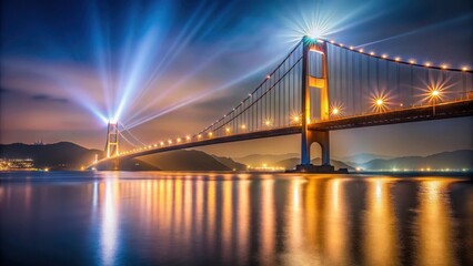 Fototapeta premium A lone light beam stretches across the Tsing Ma bridge at night