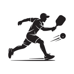 Pickleball Player Hitting Forehand Shot Silhouette &ndash; Black and White Sports Vector