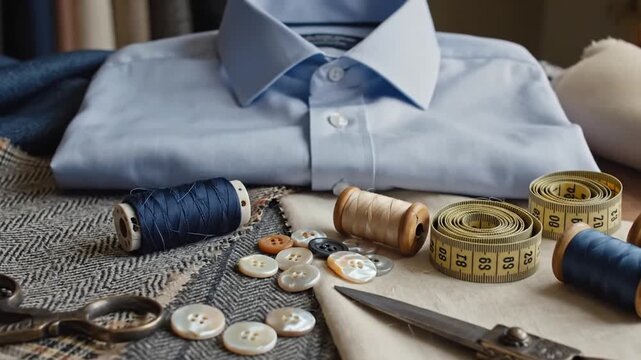 Assorted tailoring supplies with blue shirt, fabrics, and tools on a wooden table.