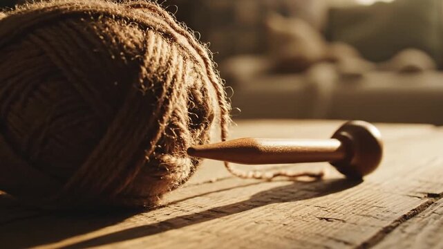 Ball of natural brown yarn with wooden crochet hook on rustic table