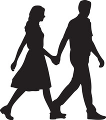 Black silhouette of couple holding hands walking white background