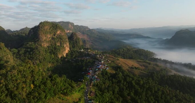 Towering Limestone Mountains At Ban Jabo Black Lahu Village In The Pang Mapha District Of Mae Hong Son Province, Thailand. Aerial Shot
