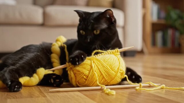Black cat playing mischievously with yellow yarn and knitting needles at home