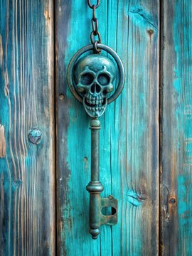 A skeleton key is suspended from a hook on a wooden door with a teal blue hue