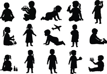 a collection of playful children silhouettes engaged in various activities like crawling sitting and reaching for toys high quality professional detailed