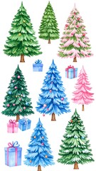Fototapeta premium Watercolor assortment of decorated trees and gift-wrapped presents