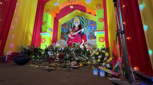 beautifully decorated saraswati idol with veena during hindu religious celebration