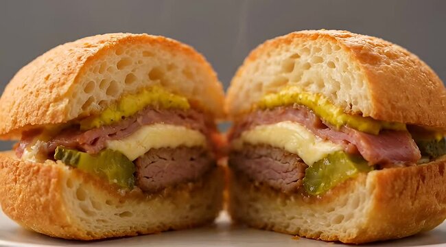 Delicious Cuban sandwich cut in half with juicy fillings inside a bun