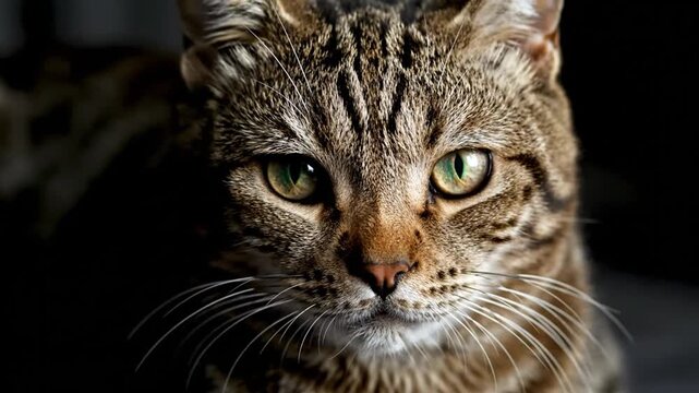 Tabby cat face close up.