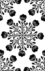 Vector seamless pattern with black silhouette of floral mandala. Monochrome folk art texture with flower wreaths © veleri_kz