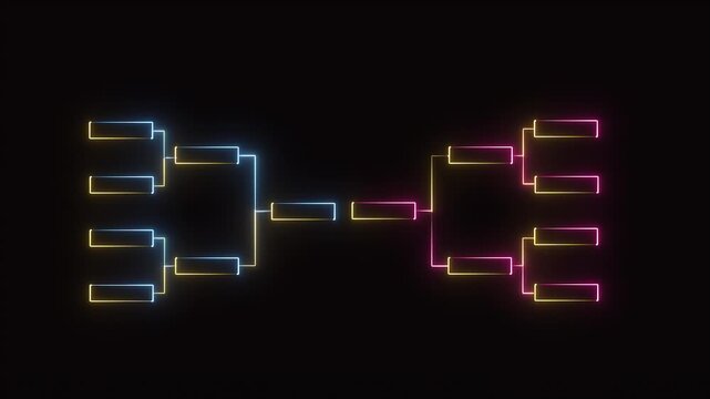 32 team tournament bracket championship template by glowing golden, blue and pink neon effect animation on black background ideal for soccer, football, basketball, baseball or tennis