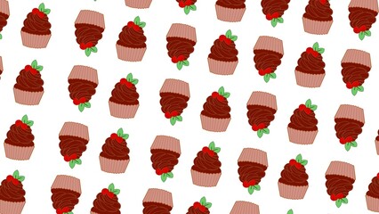 Seamless pattern of scattered chocolate cupcakes with cherries and mint leaves. Playful dessert background for bakery branding, cafe wallpaper, textile print, and sweet food packaging. © Isti