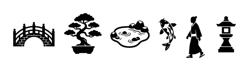 Traditional Japanese garden elements collection with bridge, bonsai, pond, koi fish, person, and stone lantern silhouettes.