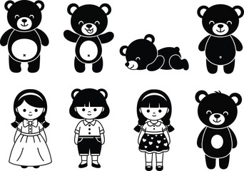 a collection of charming black and white cartoon illustrations featuring teddy bears dolls and a sleeping bear cub ideal for playful designs © GolamKibria