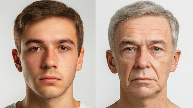 Portrait photo of, A side-by-side image of a man's face, split into young and old halves, symbolizes the evolution of beauty and time.