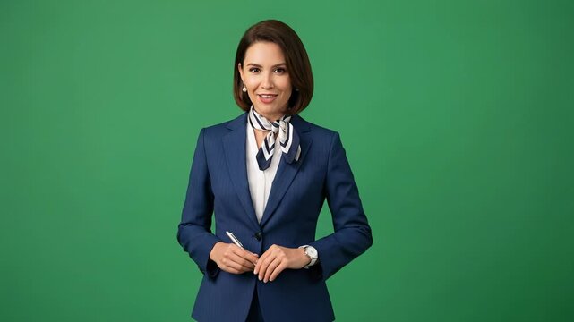 Confident business woman in blue suit presenting on green screen
