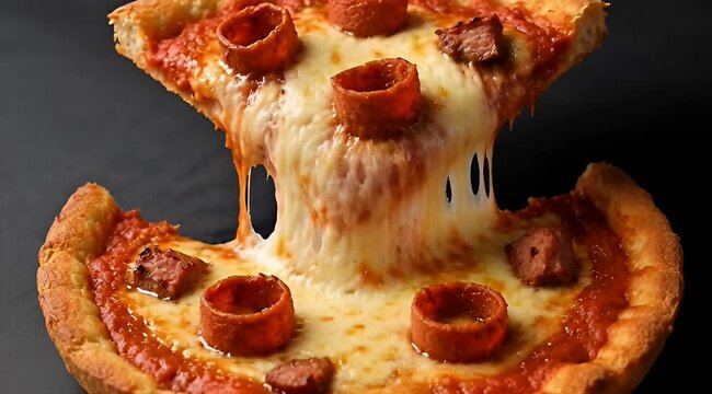 Mouthwatering closeup of a pizza slice being lifted with cheese pull and toppings