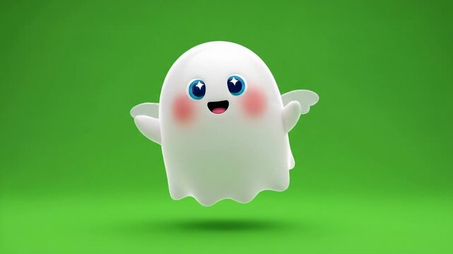 Cute Cartoon Ghost Character with Wings Floating on Green Screen Background