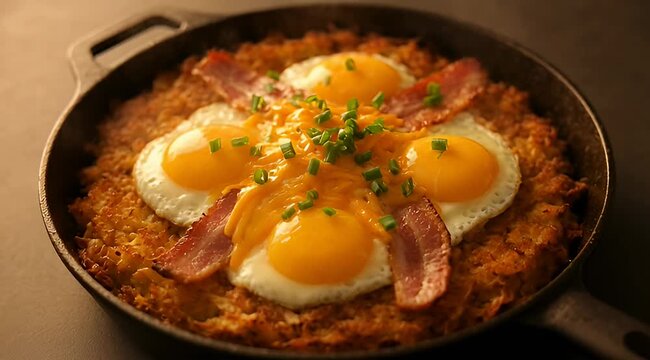 Cast iron skillet dish featuring sunny side up eggs, bacon, and hash browns