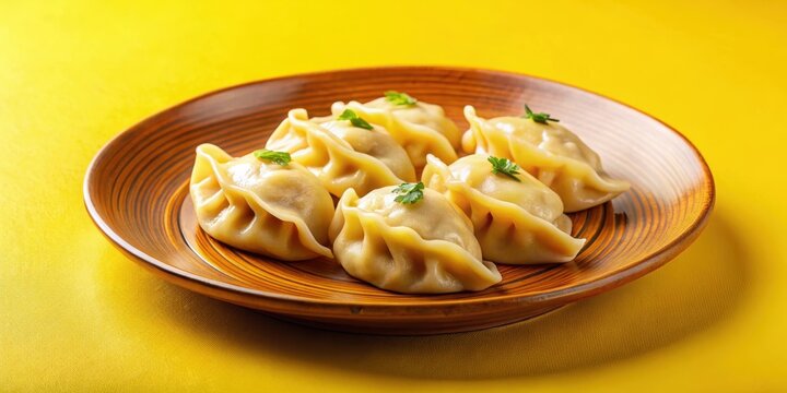 Steamed gyoza dumplings on a bright yellow plate with crispy edges and savory fillings