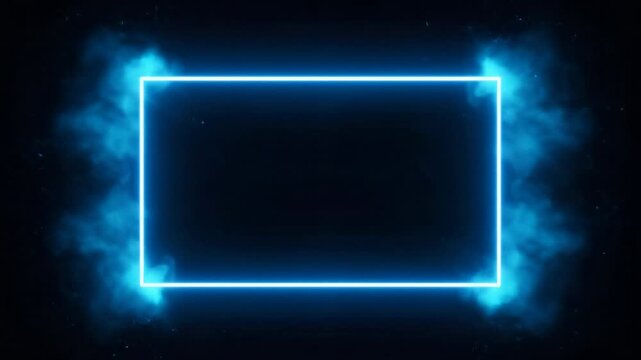 Glowing Neon Blue Rectangle Frame with Smoke and Particles on Black Background