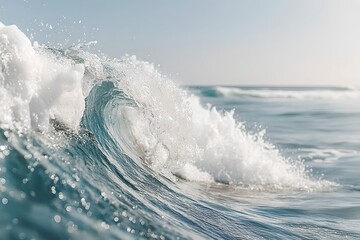 Fototapeta premium A close-up view of an ocean wave cresting, forming a beautiful curl, with sparkling water