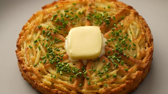 Crispy potato galette topped with butter and chopped chives on gray plate