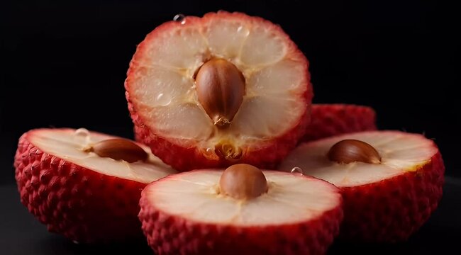 Close up of cut ripe lychee fruits with seeds on a black background