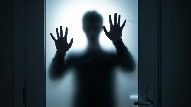 Mysterious Silhouette of a Person Behind Frosted Glass Door