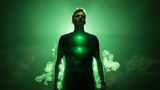 Man Illuminated by Green Light, Looking Up With Smoke Emerging From Body