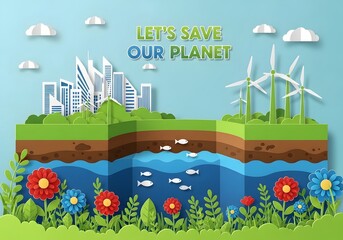 Naklejka premium A vibrant illustration promoting environmental conservation with a city and wind turbines