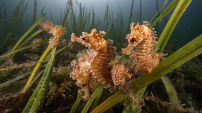 Three delicate seahorses entwined with lush seagrass in their natural underwater habitat