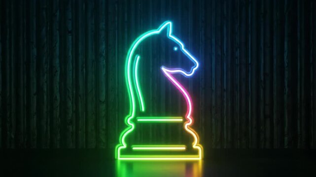 Neon chess knight glowing on a dark background, abstract strategy concept