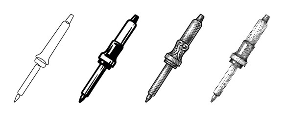 Fototapeta premium Four distinct soldering iron illustrations showcasing various artistic styles, perfect for technical or DIY design projects.