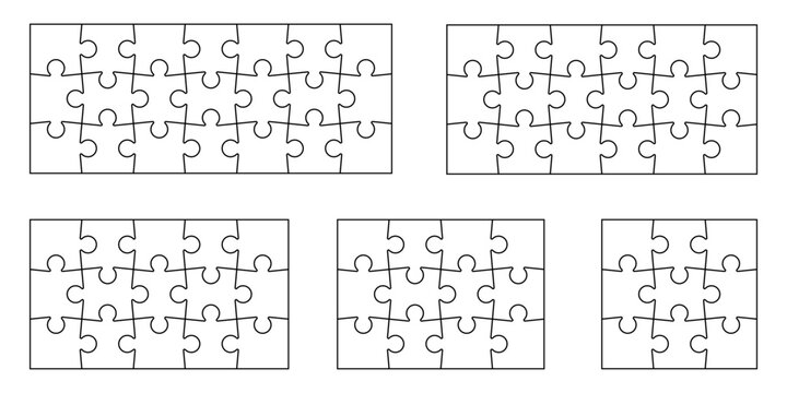 Jigsaw puzzle piece set in different sizes. Collection of template with piece outlines in patterns, different counts and grid layouts. Vector outlines for DIY game, educational activity design project