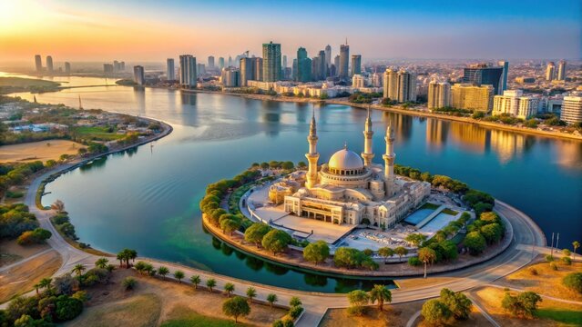 Stunning aerial view of Sharjah's downtown area with Al Noor Island and mosque rising above Khalid Lake
