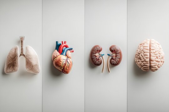 Image of the human internal organs including lungs, heart, kidneys, and brain. The layout is arranged on a light background. 