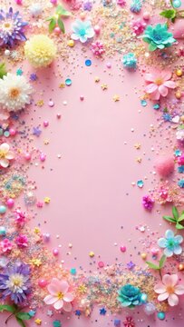 Colorful confetti scattered on a soft pink pastel background with glittering sparkles and festive frames