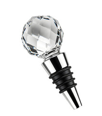 Clear crystal bottle stopper with faceted design and metal base, decorative bar accessory on transparent background