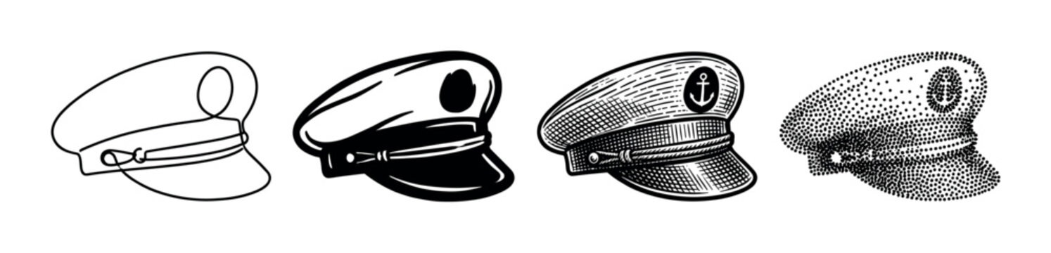 Four different captain's hats in various black and white vintage illustration styles, perfect for maritime and nautical themes.