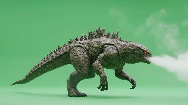 Tense Monster Roaring and Breathing Smoke on Green Screen Background