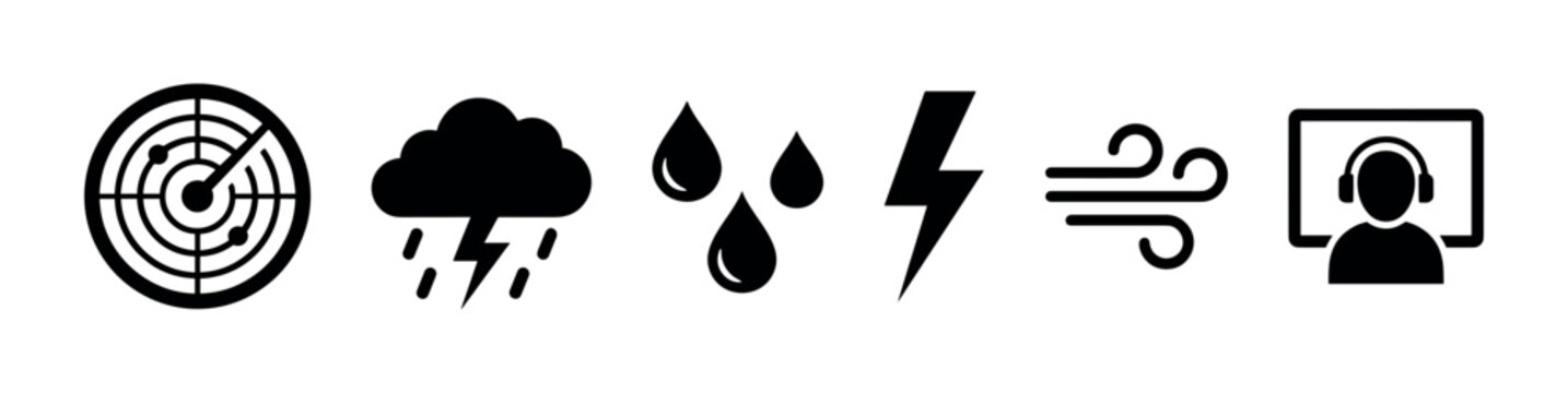 Weather forecast icons representing radar, storm, rain, lightning, and wind for meteorology reporting.