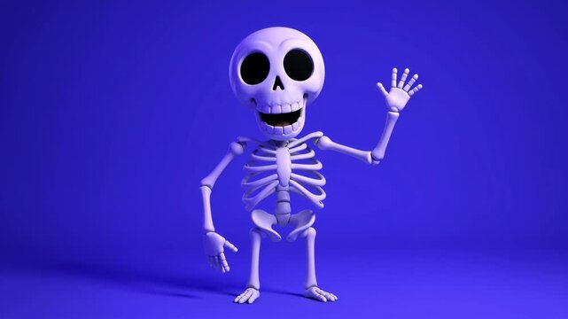 Cartoon skeleton character waving on blue background animation for halloween projects and animated greeting presentation